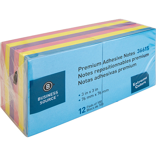 Business Source 3x3 Extreme Colors Adhesive Notes 100 - 3" Flag/Note Width x 3" Flag/Note Length - Square - Assorted - Repositionable, Solvent-free Adhesive - 12 / Pack (BSN36615)