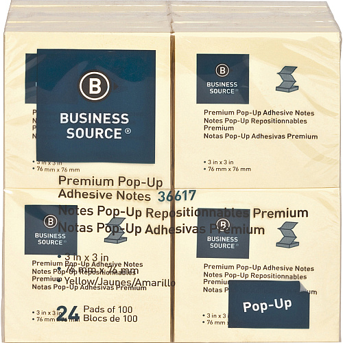 Business Source Reposition Pop-up Adhesive Notes 3" Flag/Note Width x 3" Flag/Note Length - Square - Yellow - Removable, Repositionable, Solvent-free Adhesive, Fanfold, Pop-up - 24 / Pack (BSN36617)