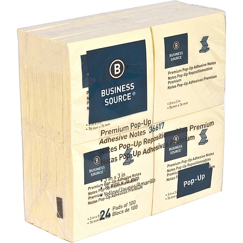 Business Source Reposition Pop-up Adhesive Notes 3" Flag/Note Width x 3" Flag/Note Length - Square - Yellow - Removable, Repositionable, Solvent-free Adhesive, Fanfold, Pop-up - 24 / Pack (BSN36617)