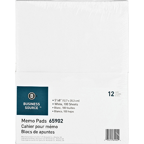 Business Source Plain Memo Pads 100 Sheets - Plain - Glue - 16 lb Basis Weight - 5" x 8" Sheet Size - White Paper - 1 Dozen (BSN65902)
