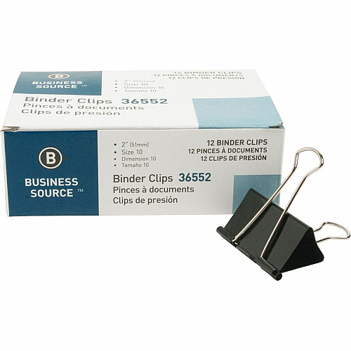 Business Source Fold-back Binder Clips Large - 2" Length x 2" Width - 1" Size Capacity - Black - Steel - 1 Dozen (BSN36552)