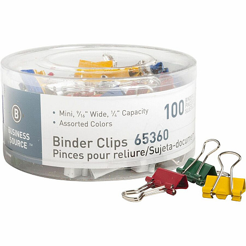 Business Source Colored Fold-back Binder Clips Mini - 0.6" Width - 0.25" Size Capacity - Assorted - Steel - 100 / Pack (BSN65360)