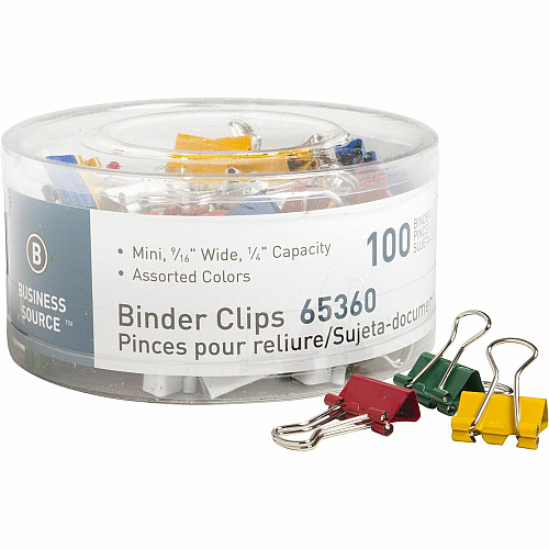 Business Source Colored Fold-back Binder Clips Mini - 0.6" Width - 0.25" Size Capacity - Assorted - Steel - 100 / Pack (BSN65360)