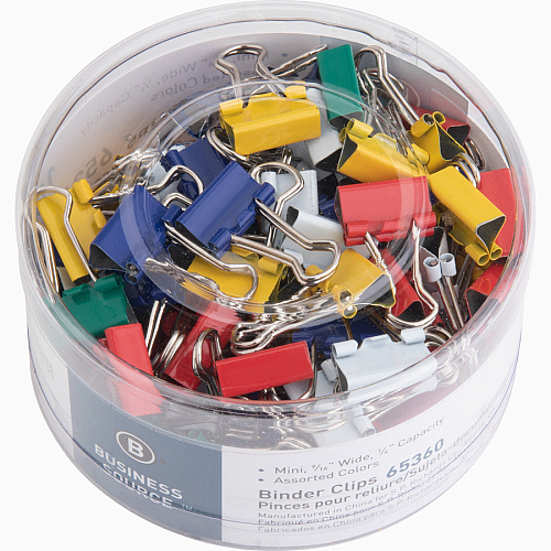 Business Source Colored Fold-back Binder Clips Mini - 0.6" Width - 0.25" Size Capacity - Assorted - Steel - 100 / Pack (BSN65360)