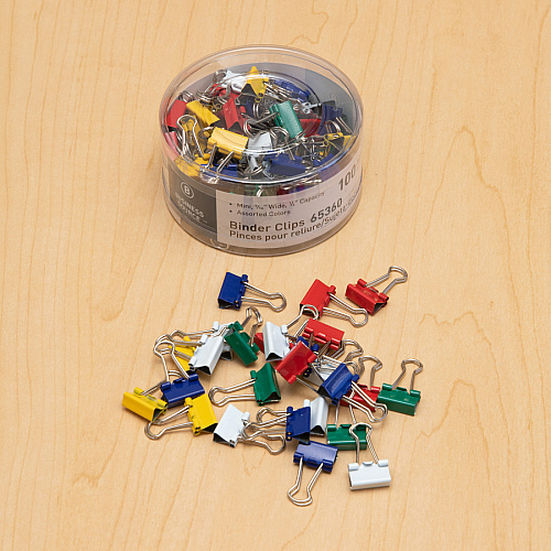 Business Source Colored Fold-back Binder Clips Mini - 0.6" Width - 0.25" Size Capacity - Assorted - Steel - 100 / Pack (BSN65360)