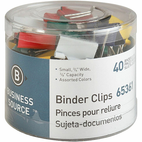 Business Source Colored Fold-back Binder Clips Small - 0.8" Width - 0.37" Size Capacity - Assorted - Steel - 40 / Pack (BSN65361)