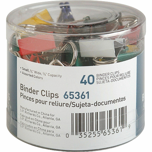 Business Source Colored Fold-back Binder Clips Small - 0.8" Width - 0.37" Size Capacity - Assorted - Steel - 40 / Pack (BSN65361)