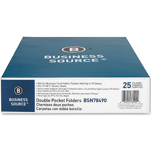 Business Source Letter Recycled Pocket Folder 8 1/2" x 11" - 100 Sheets Capacity - 2 Inside Front & Back Pocket(s) - Paper - Black - Card Holder - 35% Recycled - 25 / Box (BSN78490)