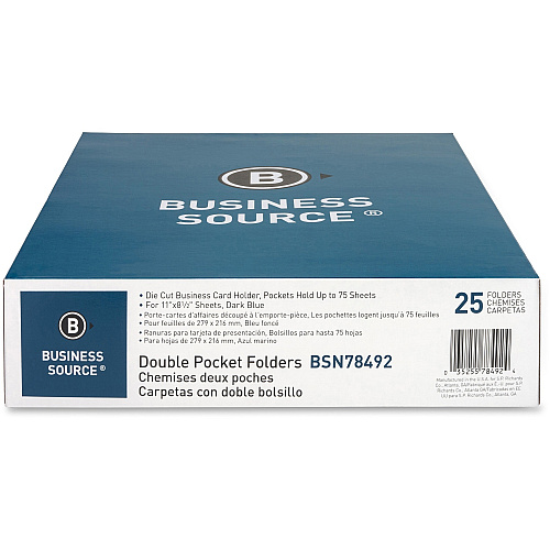 Business Source Letter Recycled Pocket Folder 8 1/2" x 11" - 100 Sheets Capacity - 2 Inside Front & Back Pocket(s) - Paper - Dark Blue - Card Holder - 35% Recycled - 25 / Box (BSN78492)