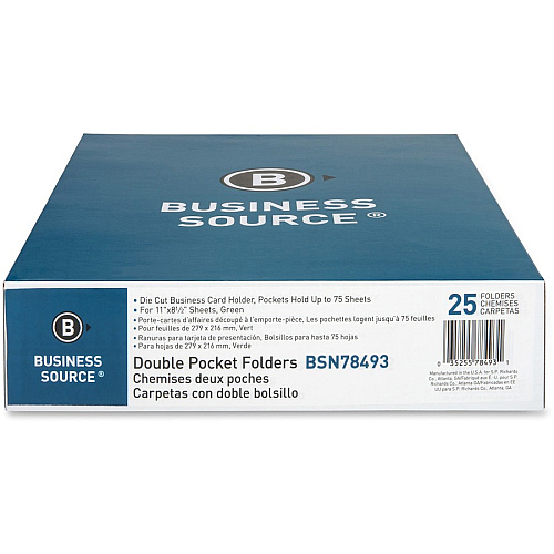 Business Source Letter Recycled Pocket Folder 8 1/2" x 11" - 100 Sheets Capacity - 2 Inside Front & Back Pocket(s) - Paper - Green - Card Holder - 35% Recycled - 25 / Box (BSN78493)