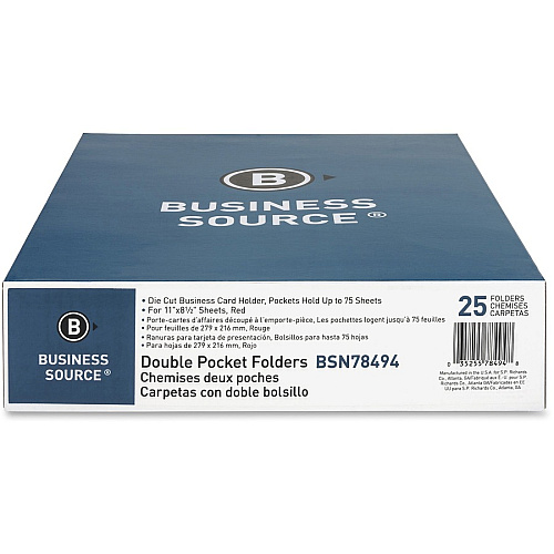 Business Source Letter Pocket Folder 8 1/2" x 11" - 100 Sheets Capacity - 2 Inside Front & Back Pocket(s) - Paper - Red - Card Holder - 25 / Box (BSN78494)