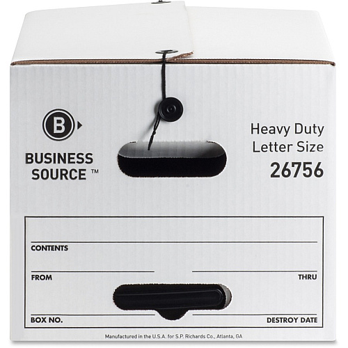 Business Source Heavy Duty Letter Size Storage Box External Dimensions: 12" Width x 24" Depth x 10" Height - Media Size Supported: Letter - String/Button Tie Closure - Medium Duty - Stackable - White - For File - Recycled - 12 / Carton (BSN26756)