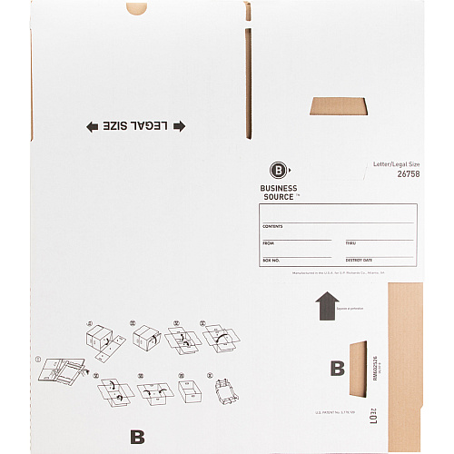 Business Source Lift-off Lid Heavy-Duty Storage Box External Dimensions: 12" Width x 15" Depth x 10" Height - Media Size Supported: Legal, Letter - Lift-off Closure - Heavy Duty - Stackable - Cardboard - White - For File - Recycled - 12 / Carto (BSN26758)