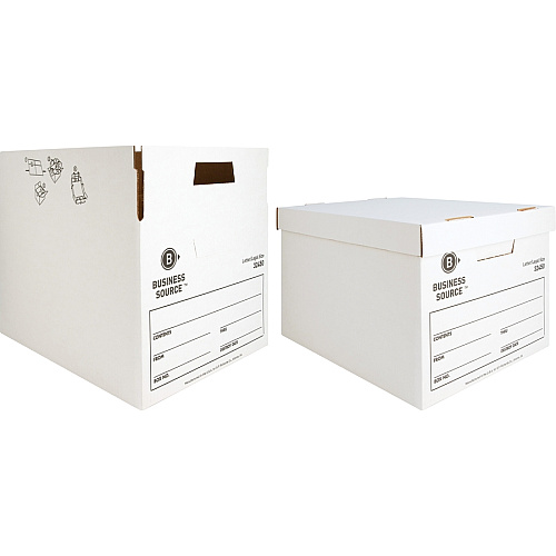 Business Source Quick Setup Medium-Duty Storage Box External Dimensions: 12" Width x 15" Depth x 10" Height - Media Size Supported: Legal, Letter - Lift-off Closure - Medium Duty - Stackable - White - For File - Recycled - 12 / Carton (BSN32450)