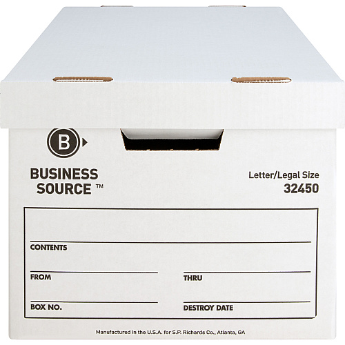Business Source Quick Setup Medium-Duty Storage Box External Dimensions: 12" Width x 15" Depth x 10" Height - Media Size Supported: Legal, Letter - Lift-off Closure - Medium Duty - Stackable - White - For File - Recycled - 12 / Carton (BSN32450)