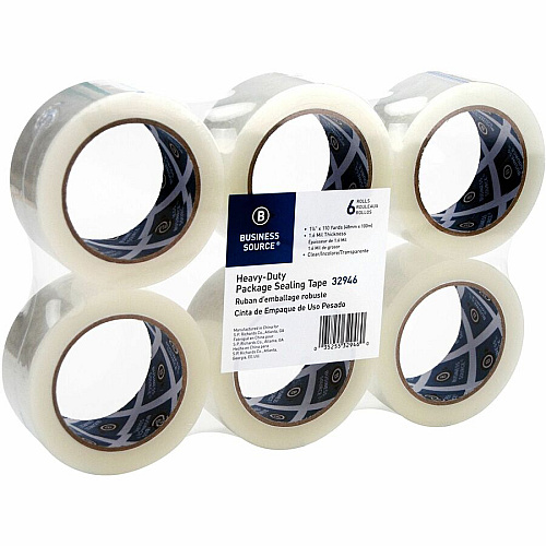 Business Source Heavy-duty Packaging/Sealing Tape 110 yd Length x 1.88" Width - 3" Core - Clear - 1.60 mil - Breakage Resistance - For Bonding, Packing - 6 / Pack (BSN32946)