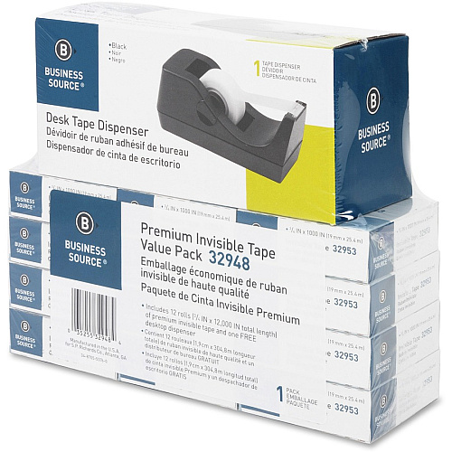 Business Source Invisible Tape Dispenser Value Pack 27.78 yd Length x 0.75" Width - 1" Core - Clear - Acetate - Dispenser Included - Desktop Dispenser - For Multi Surface, Mending, Splicing, Holding - 12 / Pack (BSN32948)