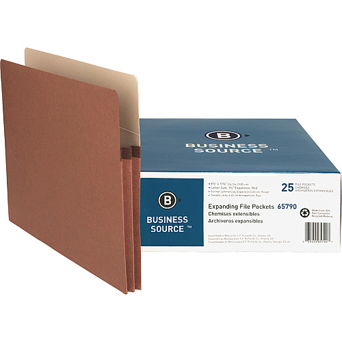 Business Source Straight Tab Cut Letter Recycled File Pocket 8 1/2" x 11" - 1 3/4" Expansion - Redrope - Redrope - Tyvek Gusset, Reinforced Gusset, Tear Proof, Sturdy, Durable - 30% Recycled - 25 / Box (BSN65790)