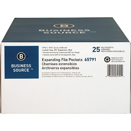 Business Source Straight Tab Cut Letter Recycled File Pocket 8 1/2" x 11" - 3 1/2" Expansion - Redrope - Redrope - Tyvek Gusset, Tear Proof, Reinforced Gusset, Sturdy, Durable - 30% Recycled - 25 / Box (BSN65791)