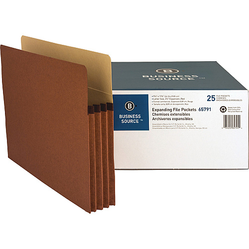 Business Source Straight Tab Cut Letter Recycled File Pocket 8 1/2" x 11" - 3 1/2" Expansion - Redrope - Redrope - Tyvek Gusset, Tear Proof, Reinforced Gusset, Sturdy, Durable - 30% Recycled - 25 / Box (BSN65791)