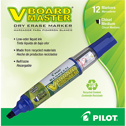 Pilot BeGreen Refillable VBoard Dry-erase Marker Broad Chisel Marker Point - Refillable - Blue Ink - 12 / Box (43915)