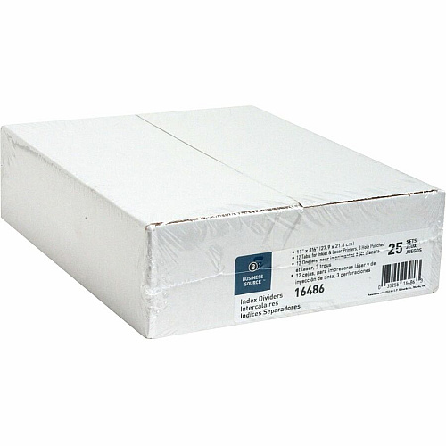Business Source Customize 12-Tab Index Dividers 12 x Divider(s) - 12 Print-on Tab(s) - 12 Tab(s)/Set - 8.3" Divider Width - 3 Hole Punched - White Divider - White Tab(s) - 100% Recycled - Punched, Mylar Reinforcement - 25 / Box (BSN16486)