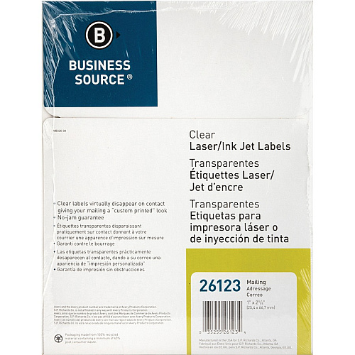 Business Source Mailing Address Labels 1" Width x 2 3/4" Length - Permanent Adhesive - Rectangle - Laser - Clear - Self-adhesive - 30 / Sheet - 1500 / Pack (BSN26123)