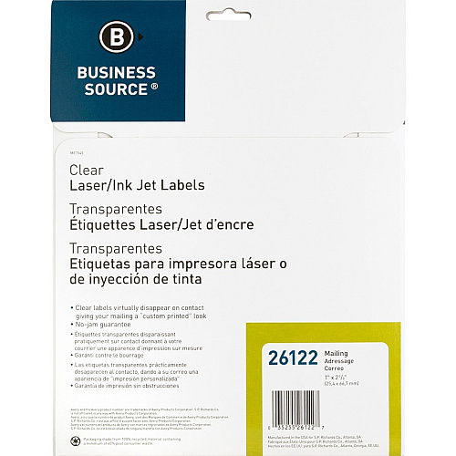 Business Source Mailing Address Labels 1" Width x 2 3/4" Length - Permanent Adhesive - Rectangle - Laser - Clear - Self-adhesive - 30 / Sheet - 750 / Pack (BSN26122)