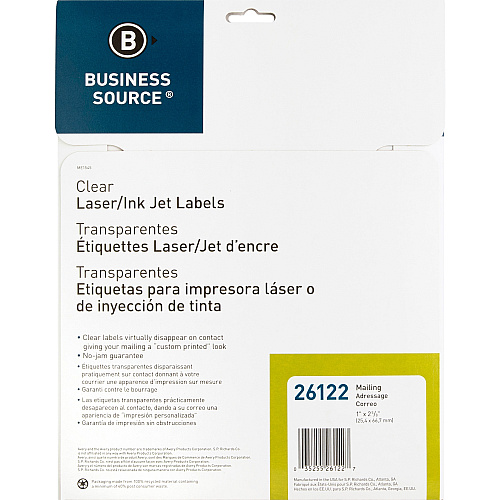 Business Source Mailing Address Labels 1" Width x 2 3/4" Length - Permanent Adhesive - Rectangle - Laser - Clear - Self-adhesive - 30 / Sheet - 750 / Pack (BSN26122)