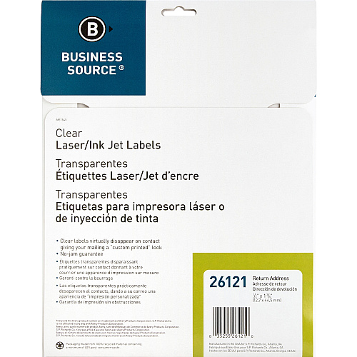 Business Source Clear Return Address Laser Labels 1/2" Height x 1 3/4" Width - Permanent Adhesive - Rectangle - Laser - Clear - Self-adhesive - 80 / Sheet - 2000 / Pack (BSN26121)