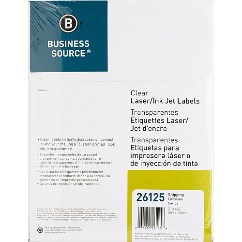 Business Source Clear Shipping Labels 2" Width x 4 1/4" Length - Permanent Adhesive - Rectangle - Laser - Clear - Self-adhesive - 10 / Sheet - 500 / Pack (BSN26125)