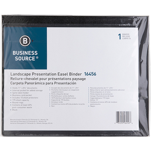 Business Source Presentation Binder 1" Binder Capacity - Letter - 8 1/2" x 11" Sheet Size - Fastener(s): Ring - Pocket(s): Internal - Black - Recycled - Business Card Holder, Label Holder - 1 Each (BSN16456)