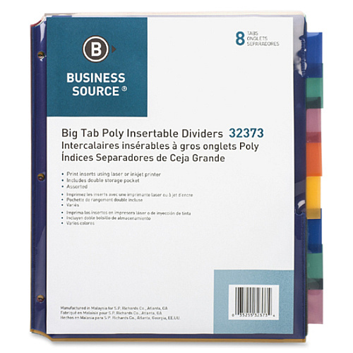 Business Source Double Pocket Index Dividers 8 Print-on Tab(s) - 8.5" Divider Width x 11" Divider Length - Letter - Plastic Divider - Multicolor Tab(s) - Insertable - 8 / Set (BSN32373)