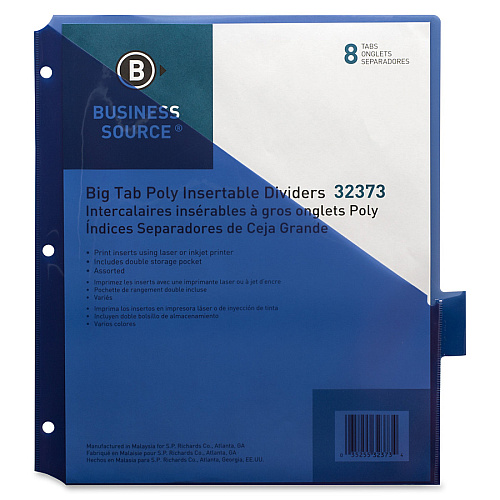 Business Source Double Pocket Index Dividers 8 Print-on Tab(s) - 8.5" Divider Width x 11" Divider Length - Letter - Plastic Divider - Multicolor Tab(s) - Insertable - 8 / Set (BSN32373)