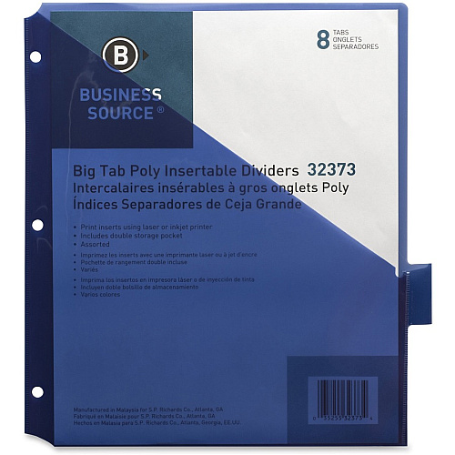Business Source Double Pocket Index Dividers 8 Print-on Tab(s) - 8.5" Divider Width x 11" Divider Length - Letter - Plastic Divider - Multicolor Tab(s) - Insertable - 8 / Set (BSN32373)