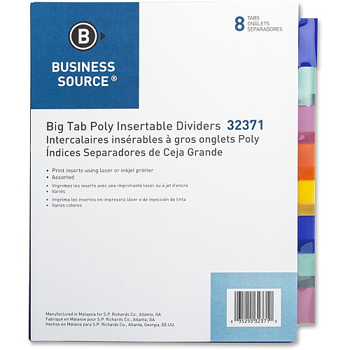 Business Source 3-Hole Poly Insert Index Dividers 8 Print-on Tab(s) - 8.5" Divider Width x 11" Divider Length - Letter - Plastic Divider - Multicolor Tab(s) - Insertable - 8 / Set (BSN32371)