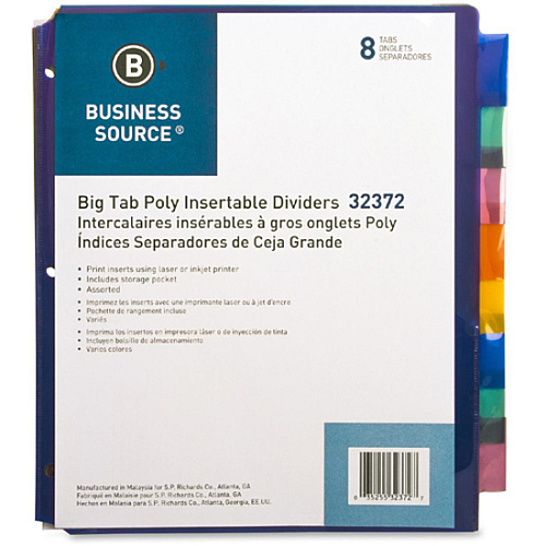 Business Source Pocket Index Dividers 8 Print-on Tab(s) - 8.5" Divider Width x 11" Divider Length - Letter - Plastic Divider - Multicolor Tab(s) - Insertable - 8 / Set (BSN32372)