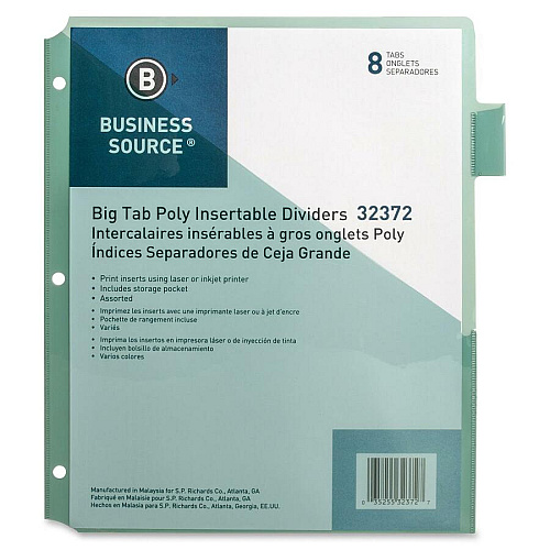 Business Source Pocket Index Dividers 8 Print-on Tab(s) - 8.5" Divider Width x 11" Divider Length - Letter - Plastic Divider - Multicolor Tab(s) - Insertable - 8 / Set (BSN32372)