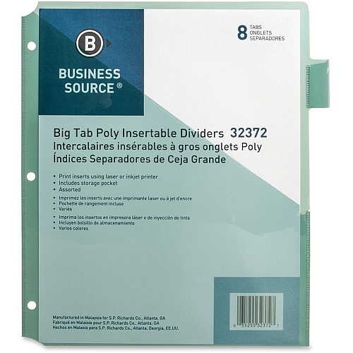 Business Source Pocket Index Dividers 8 Print-on Tab(s) - 8.5" Divider Width x 11" Divider Length - Letter - Plastic Divider - Multicolor Tab(s) - Insertable - 8 / Set (BSN32372)