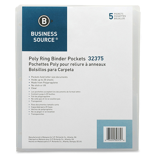 Business Source Poly Binder Pockets 40 x Sheet Capacity - For Letter 8 1/2" x 11" Sheet - 3 x Holes - Rectangular - Clear - Polypropylene - 5 / Pack (BSN32375)