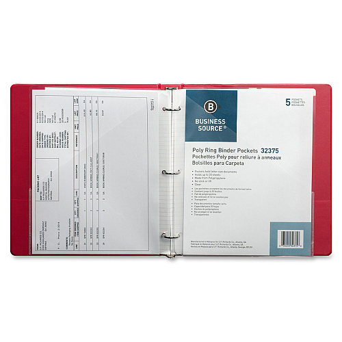 Business Source Poly Binder Pockets 40 x Sheet Capacity - For Letter 8 1/2" x 11" Sheet - 3 x Holes - Rectangular - Clear - Polypropylene - 5 / Pack (BSN32375)