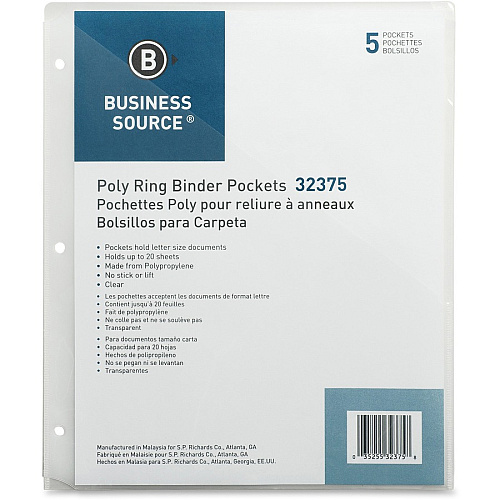 Business Source Poly Binder Pockets 40 x Sheet Capacity - For Letter 8 1/2" x 11" Sheet - 3 x Holes - Rectangular - Clear - Polypropylene - 5 / Pack (BSN32375)