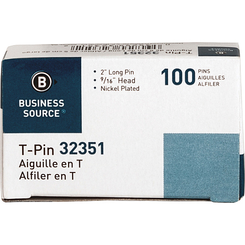 Business Source High Quality Steel T-pins 0.56" Head - 2" Length x 0.6" Width - Silver - Steel - 100 / Box (BSN32351)