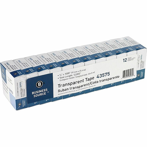 Business Source All-purpose Transparent Glossy Tape 27.78 yd Length x 0.75" Width - 1" Core - Clear - For Sealing, Mending, Protecting - 12 / Pack (BSN43575)