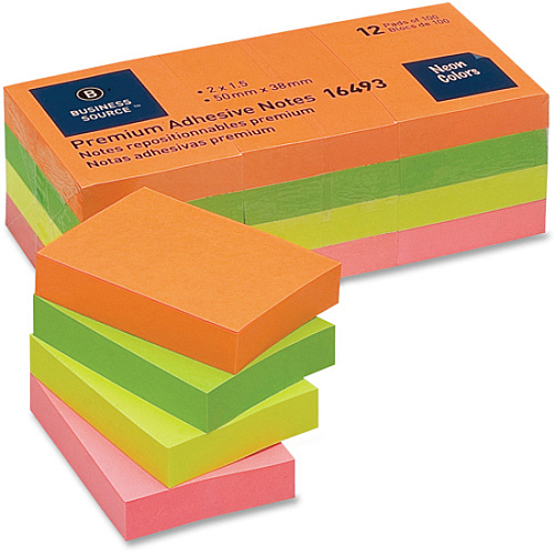 Business Source Premium Repostionable Adhesive Notes 1 1/2" Flag/Note Width x 2" Flag/Note Length - Rectangle - Unruled - Neon - Self-adhesive, Repositionable, Solvent-free Adhesive - 12 / Pack (BSN16493)