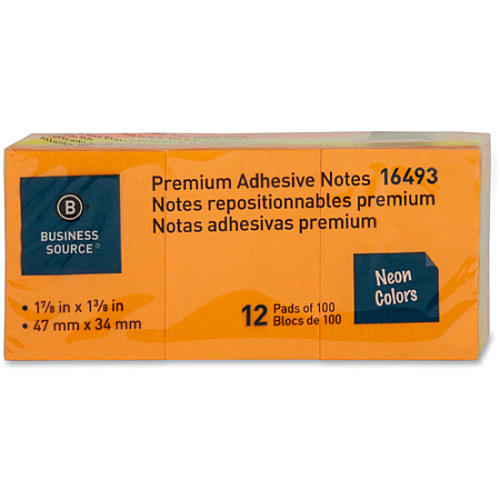 Business Source Premium Repostionable Adhesive Notes 1 1/2" Flag/Note Width x 2" Flag/Note Length - Rectangle - Unruled - Neon - Self-adhesive, Repositionable, Solvent-free Adhesive - 12 / Pack (BSN16493)
