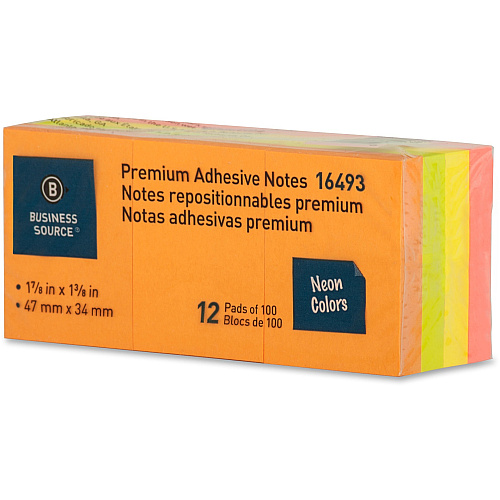 Business Source Premium Repostionable Adhesive Notes 1 1/2" Flag/Note Width x 2" Flag/Note Length - Rectangle - Unruled - Neon - Self-adhesive, Repositionable, Solvent-free Adhesive - 12 / Pack (BSN16493)