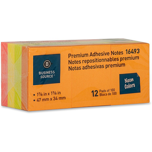 Business Source Premium Repostionable Adhesive Notes 1 1/2" Flag/Note Width x 2" Flag/Note Length - Rectangle - Unruled - Neon - Self-adhesive, Repositionable, Solvent-free Adhesive - 12 / Pack (BSN16493)