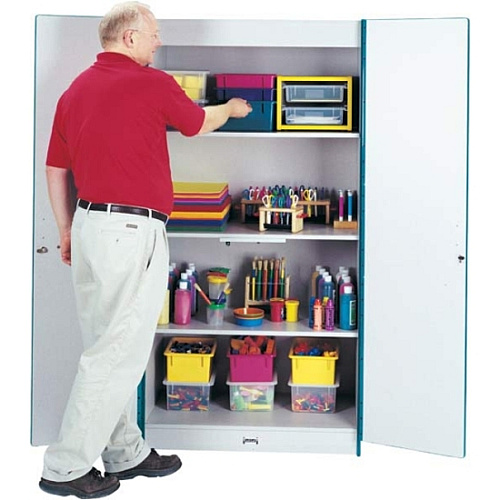 Jonti-Craft Rainbow Accents Classroom Closet Deluxe 36" Width x 24" Depth x 72" Height - 3 x Shelf(ves) - Hinged Door(s) - Locking Door, Key Lock, Adjustable Shelf, Hinged Door, Kick Plate, Chip Resistant, Rounded Edge - Navy - Gray Laminate - (5950JC112)