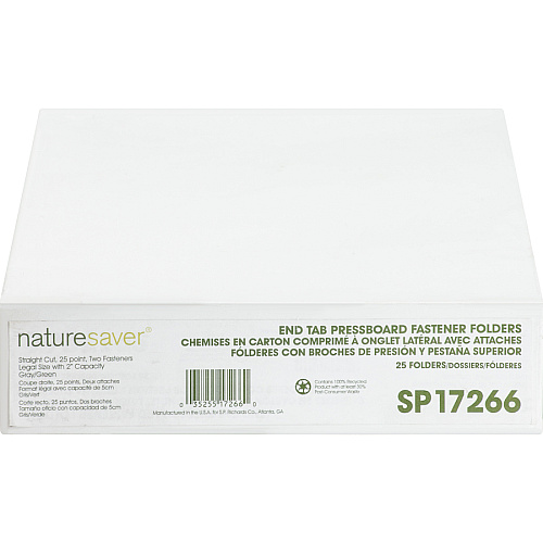Nature Saver Legal Recycled End Tab File Folder 8 1/2" x 14" - 2" Expansion - 2" for Folder - 25 pt. - Pressboard - Gray/Green - Tyvek Gusset - 100% Recycled - 25 / Box (SP17266)